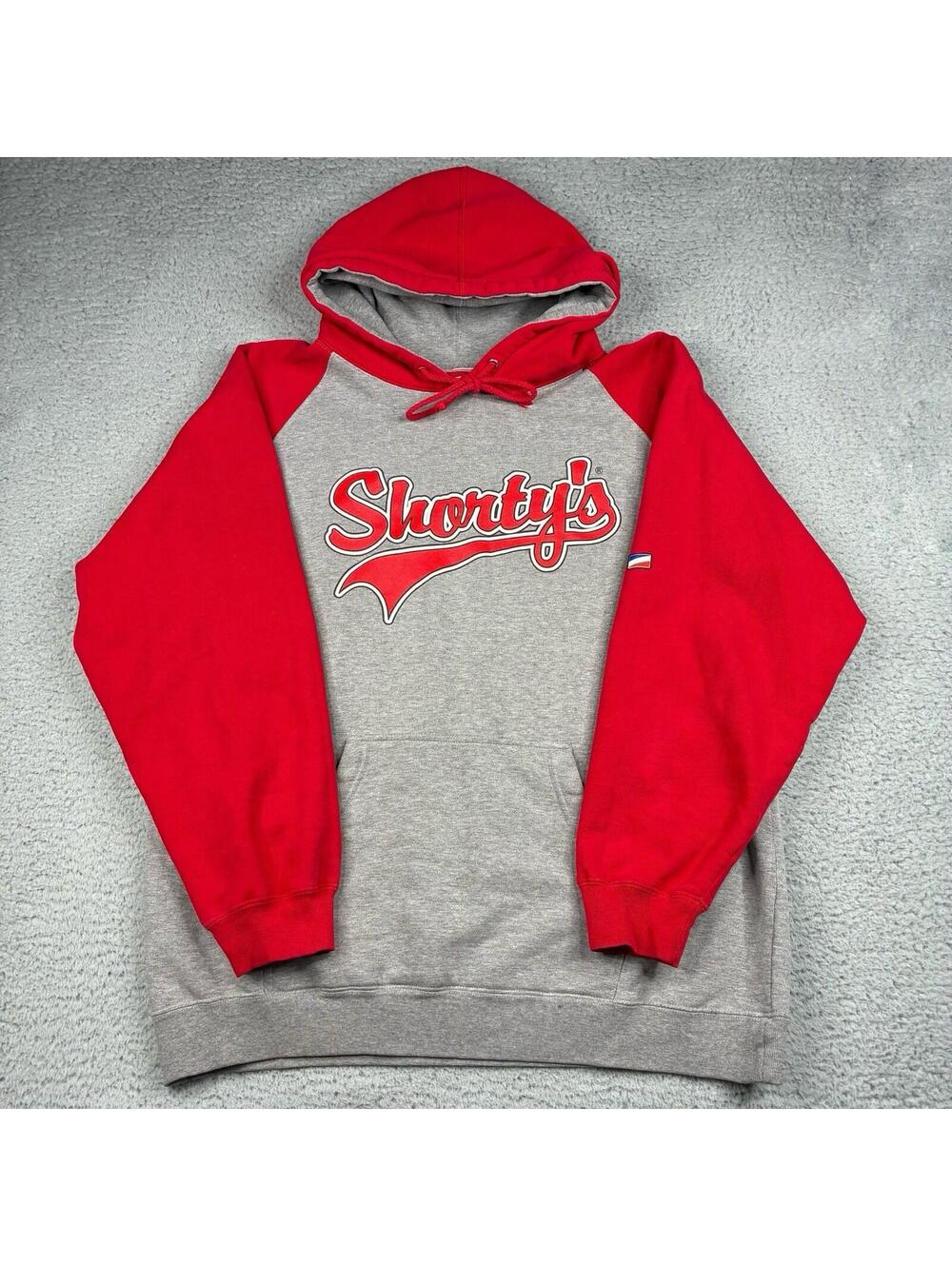 Vintage Y2K Shorty’s Skate Hoodie Red Gray Spellout Logo Men’s Large Chad Muska